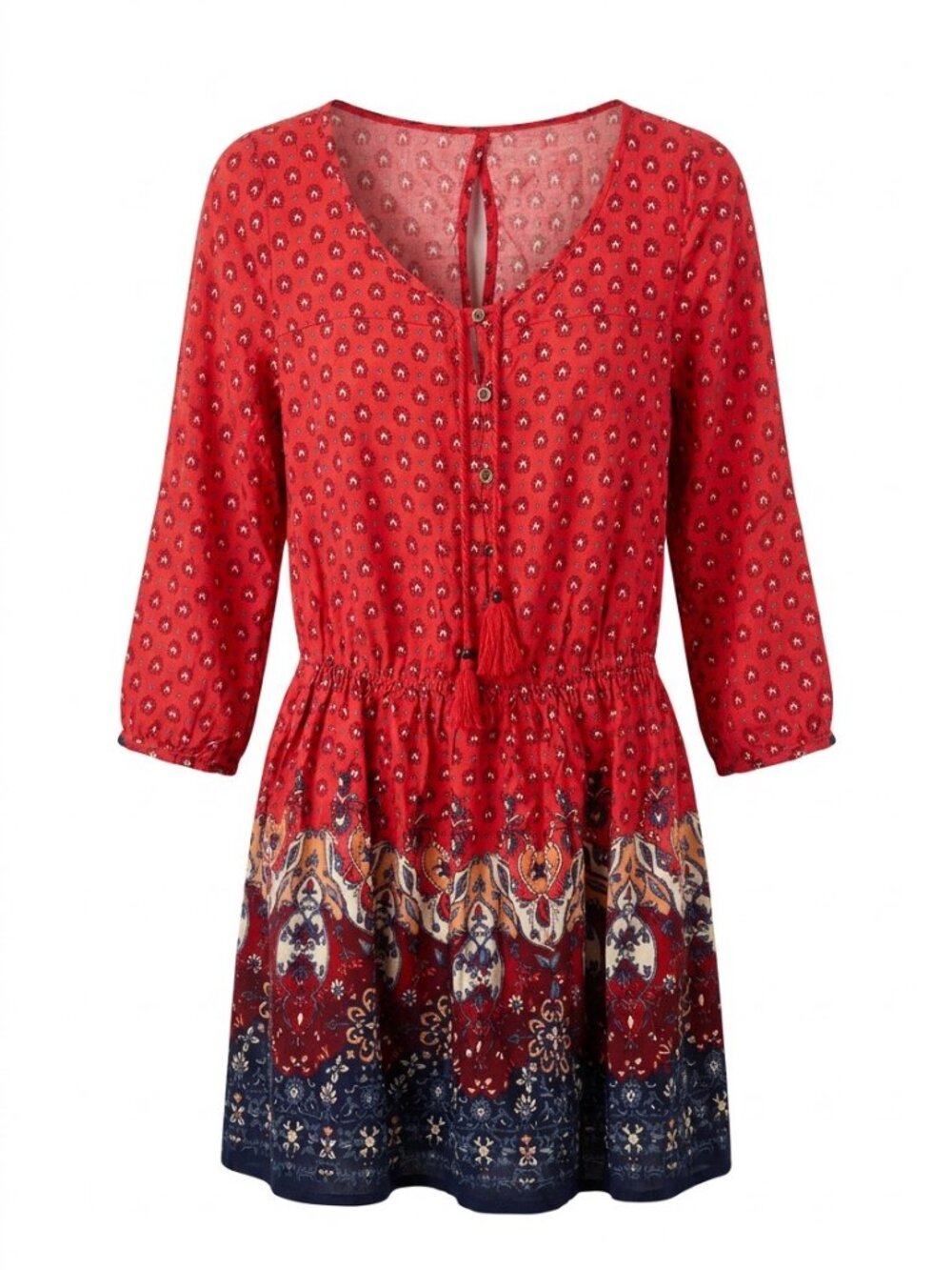 Hollister Rust Red Boho Border Print Dress Tassel Waist Long Sleeve Prairie S